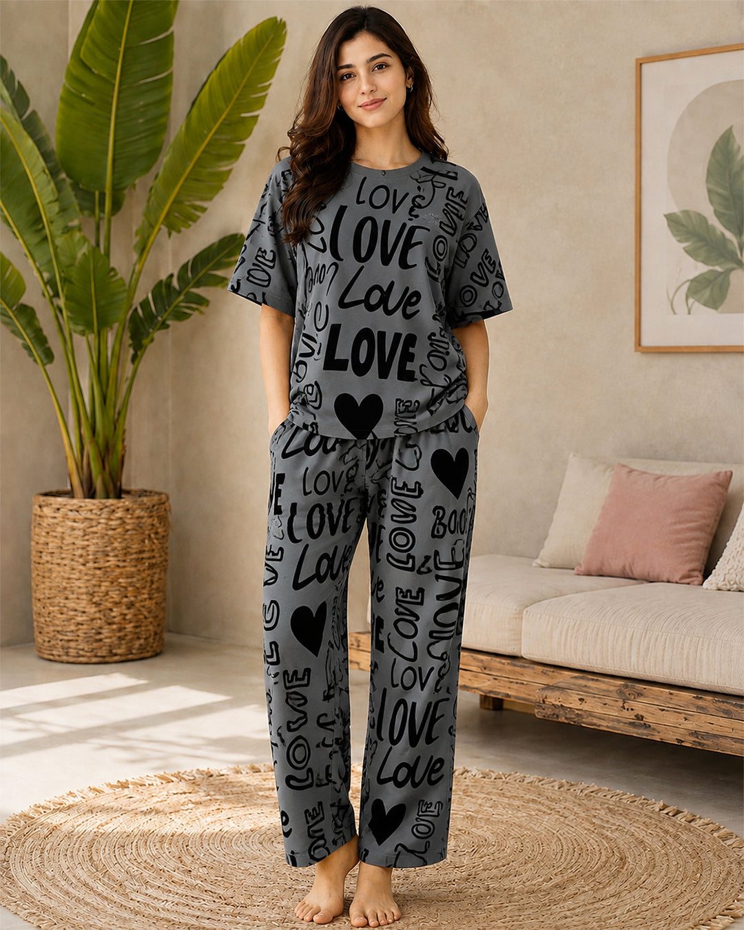 SR Dark Gray Love Printed Night Suit