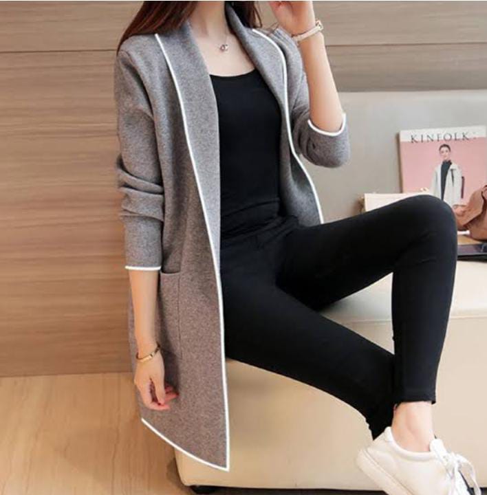 Women Lapel Casual Long Fleece Coat Gray