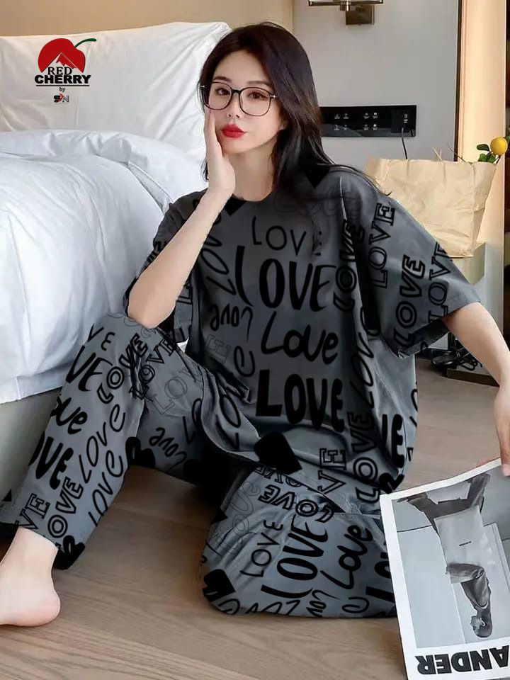 SR Dark Gray Love Printed Night Suit