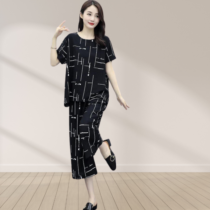 Black Printed Capri Night Suit