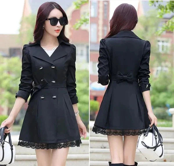 Women's Lace Trim Trench Coat Black