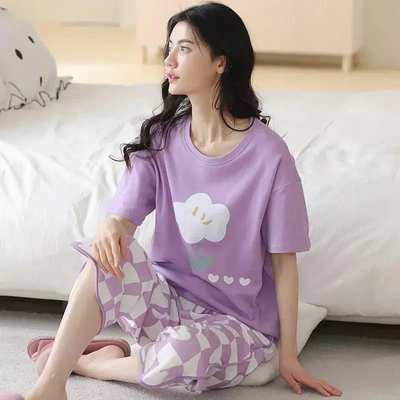 SR-FLOWER PRINTED NIGHT SUIT - PURPLE