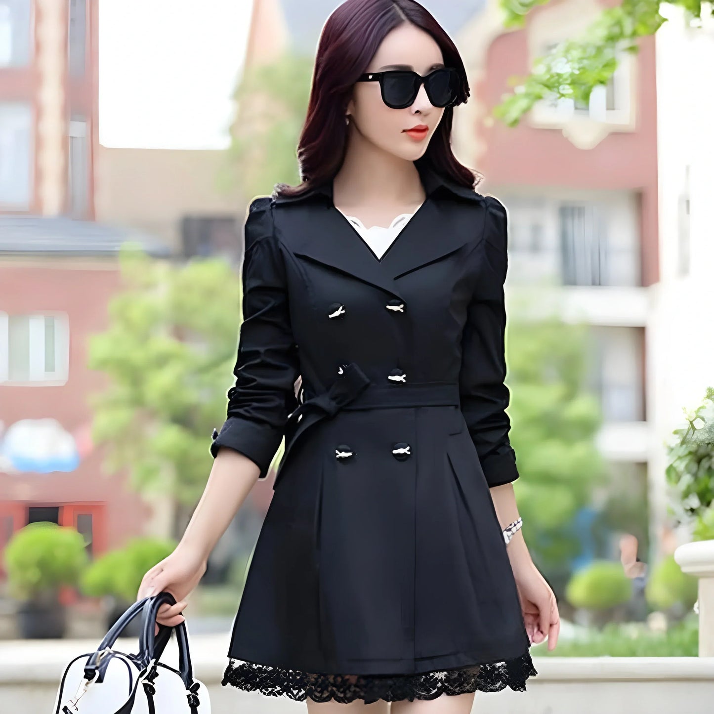 Women's Lace Trim Trench Coat Black