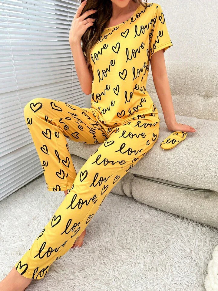 Yellow love heart printed night suit