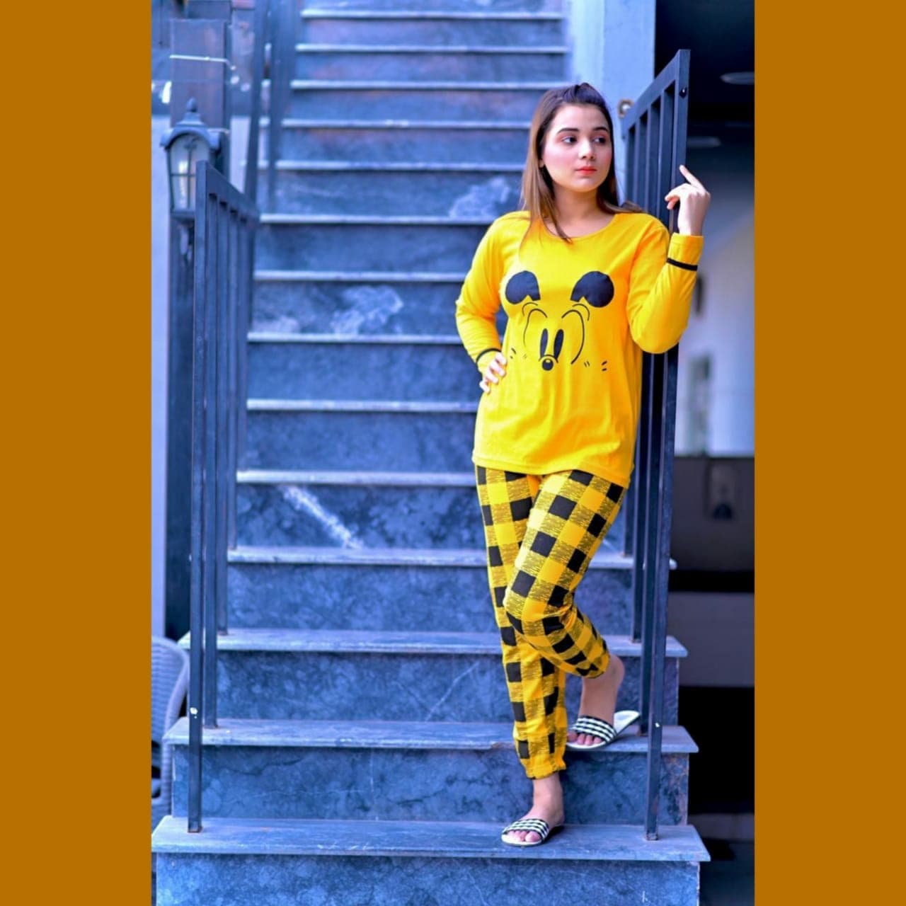 Yellow Mickey Mouse Printed Night Suit