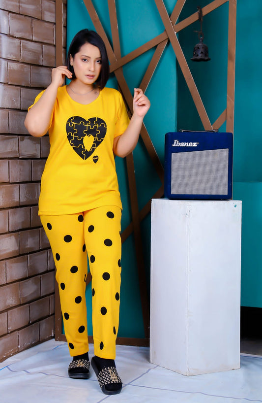 Yellow Double Heart Printed Night Suit