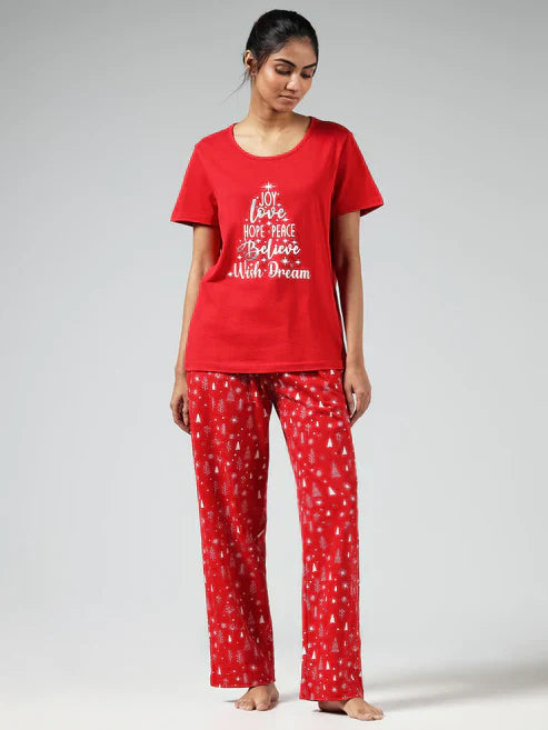 Red Typographic Printed Top and Pajama Set