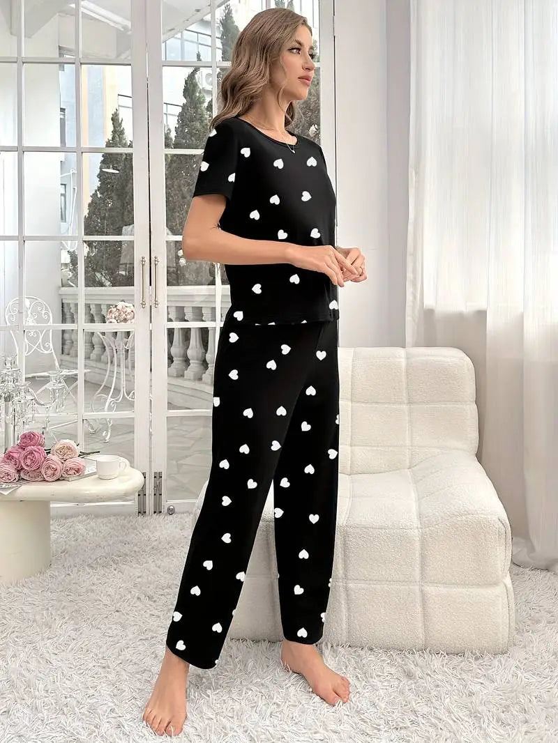 Black White Small Hearts Printed Night Suit