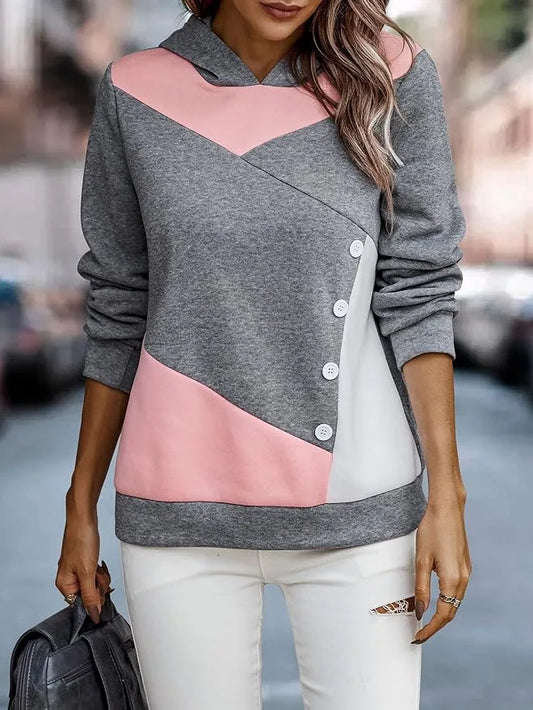 Grey With Pink & White Cross Panel Hoodie For Women