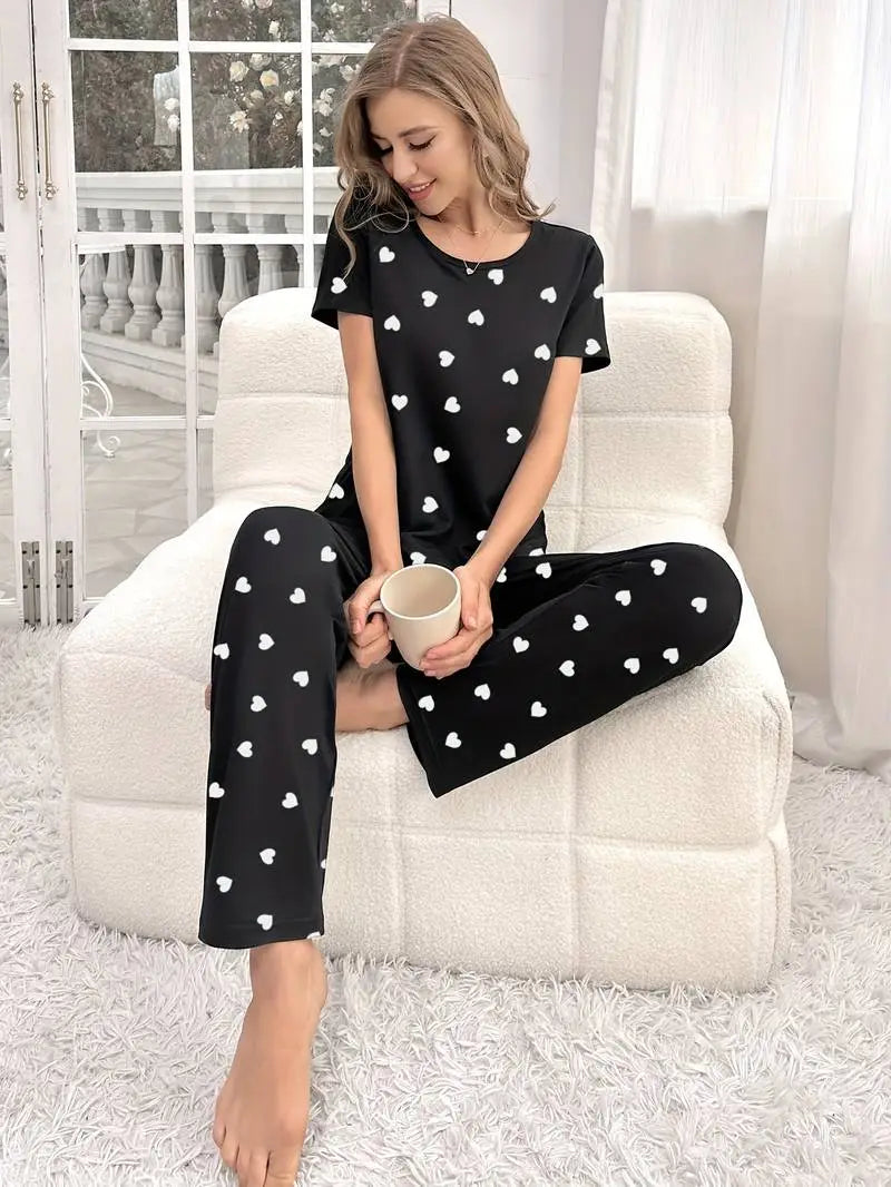 Black White Small Hearts Printed Night Suit