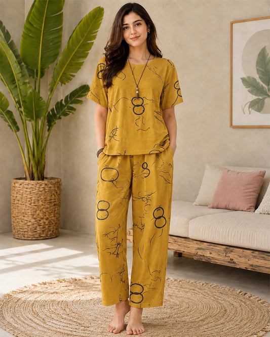 Yellow Ring Printed Capri Night Suit