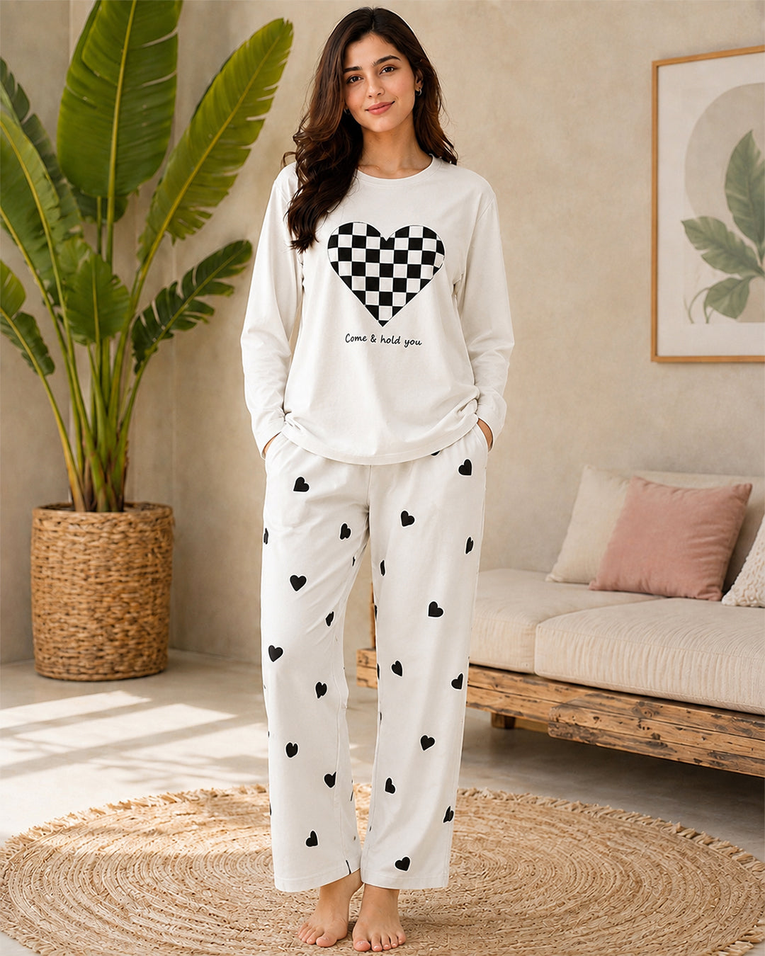 CHECKERED HEART PRINTED PJ SUIT FULL SLEEVES