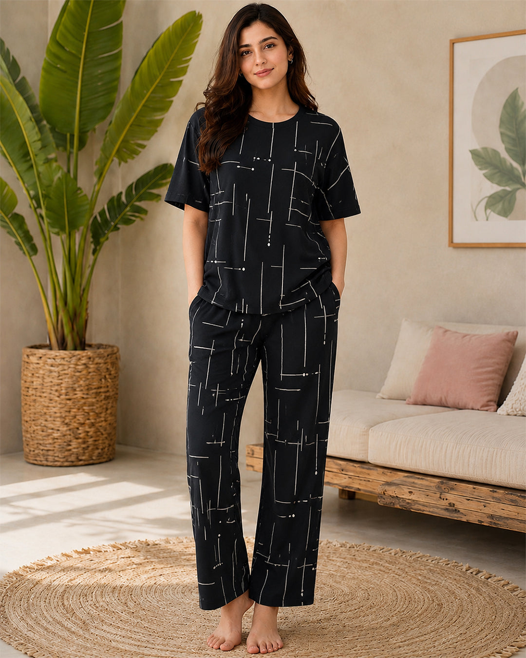 Black Printed Capri Night Suit