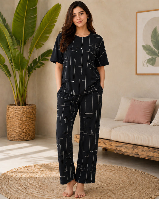 Black Printed Capri Night Suit