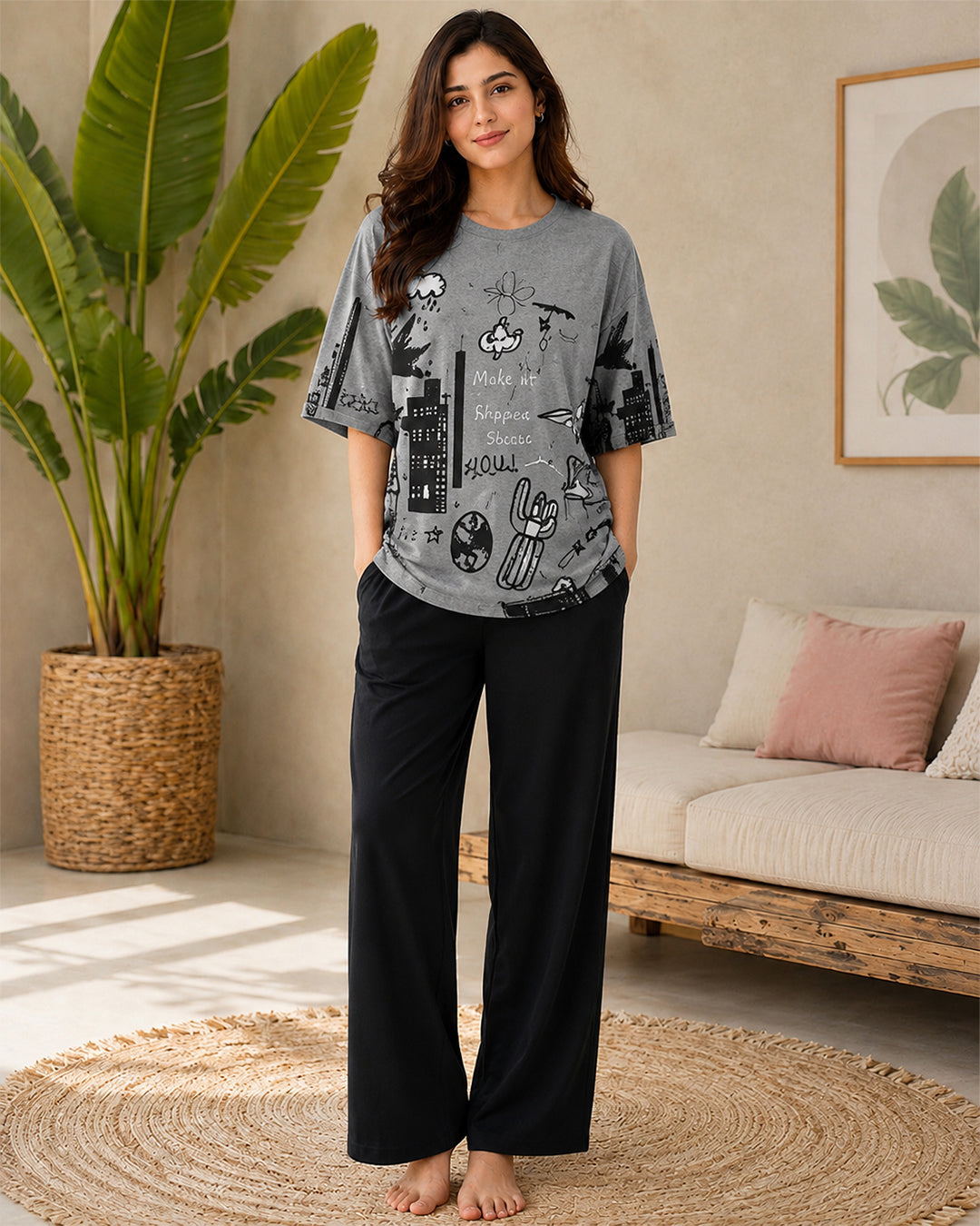 Grey Planet Printed Night suit