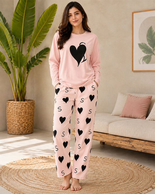 Double Heart Printed PJ Suit Full Sleeves- pink