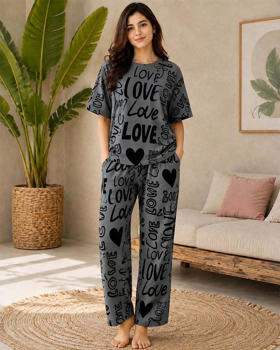 SR Dark Gray Love Printed Night Suit