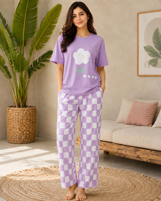SR-FLOWER PRINTED NIGHT SUIT - PURPLE