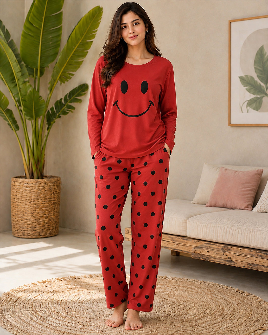 Red Smiley Full Sleeves Printed Pajama Night Suit