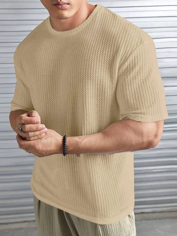 Waffle Knitted Drop Shoulder T-Shirt - BIEGE