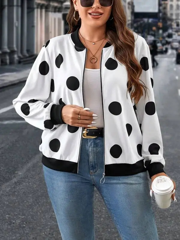 Polka Dot Elegance Bomber Jacket For Women