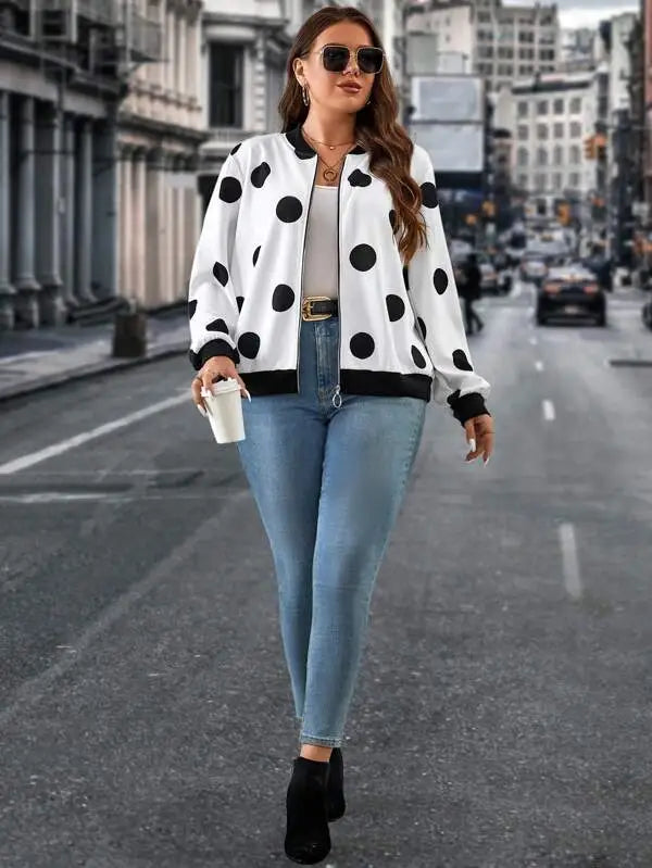 Polka Dot Elegance Bomber Jacket For Women