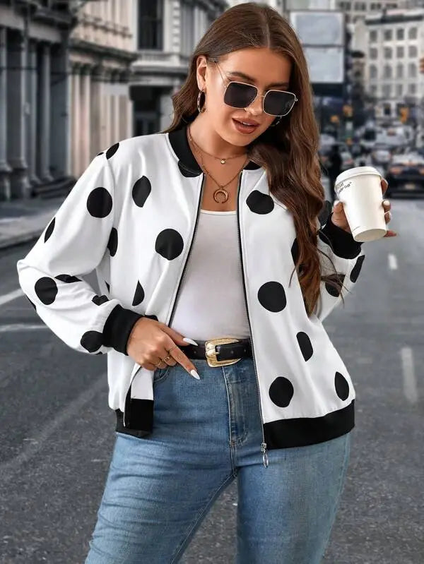 Polka Dot Elegance Bomber Jacket For Women