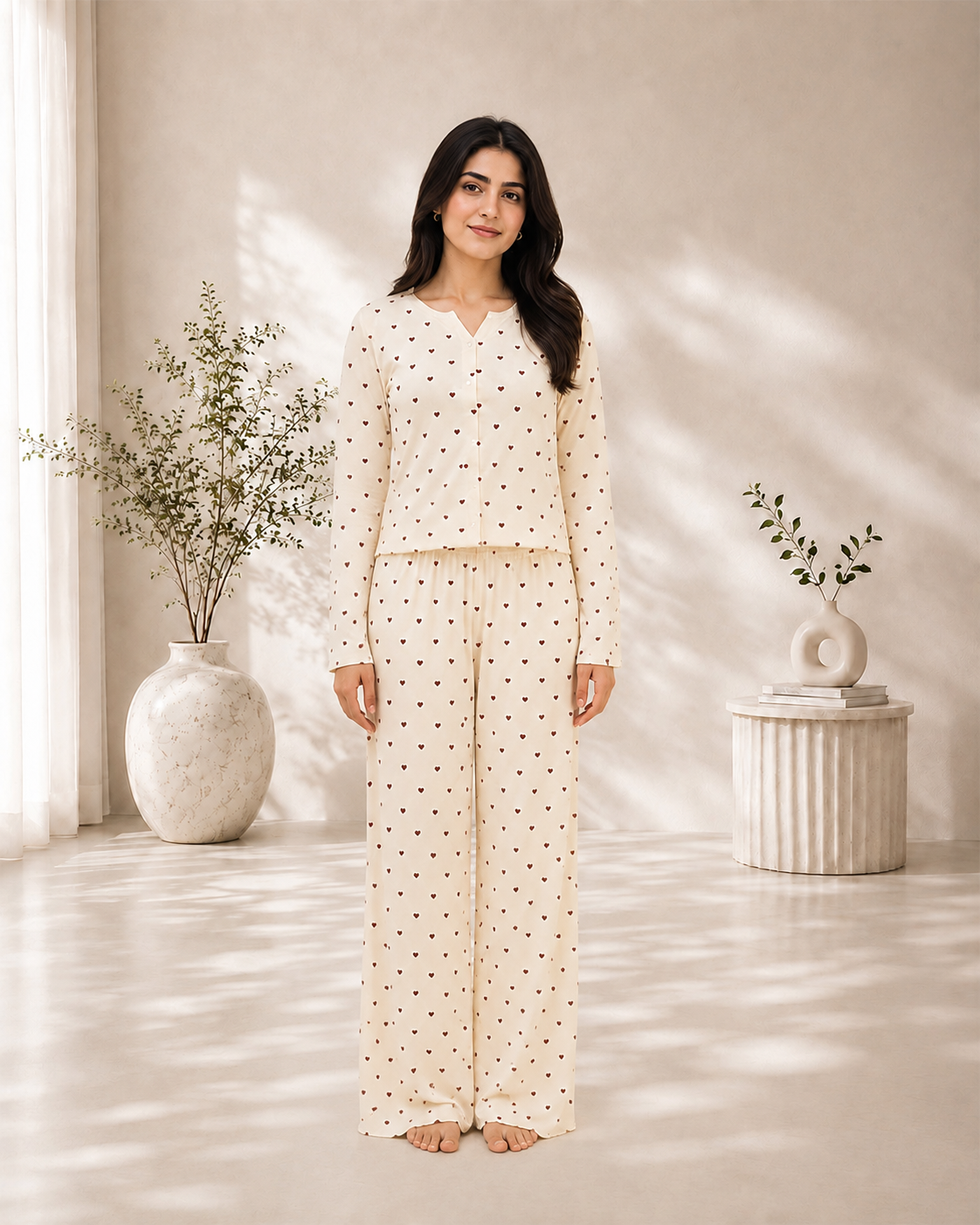 Model wearing a cream printed sleep set
