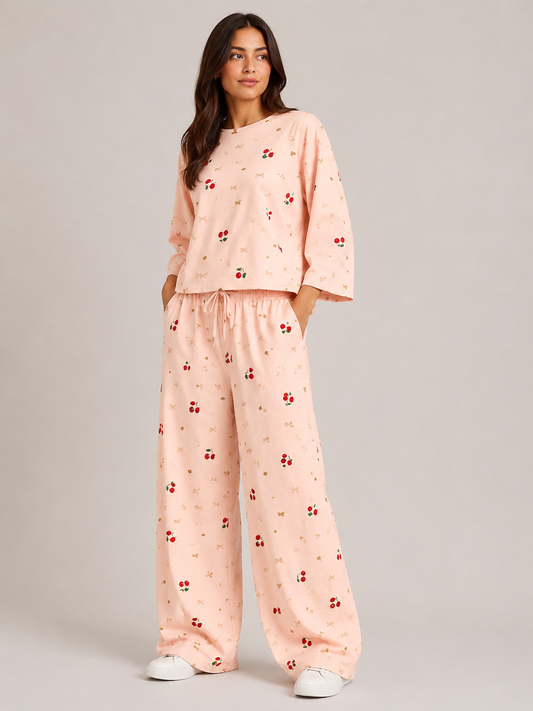 Women's Premium Barbary Fabric Sleepwear Set – Loose Trouser & Short Tee SBSPJ-11
