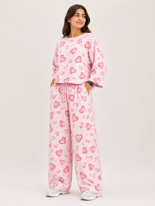Women's Premium Barbary Fabric Sleepwear Set – Loose Trouser & Short Tee SBSPJ-07