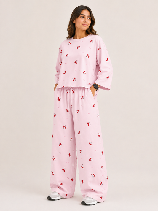Women's Premium Barbary Fabric Sleepwear Set – Loose Trouser & Short Tee SBSPJ-04