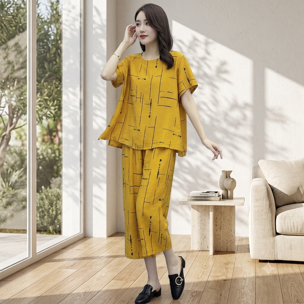 Yellow Printed Capri Night Suit