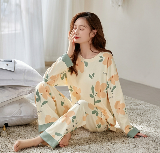 ORANGE FLOWER PRINTED PJ SUIT FULL SLEEVES