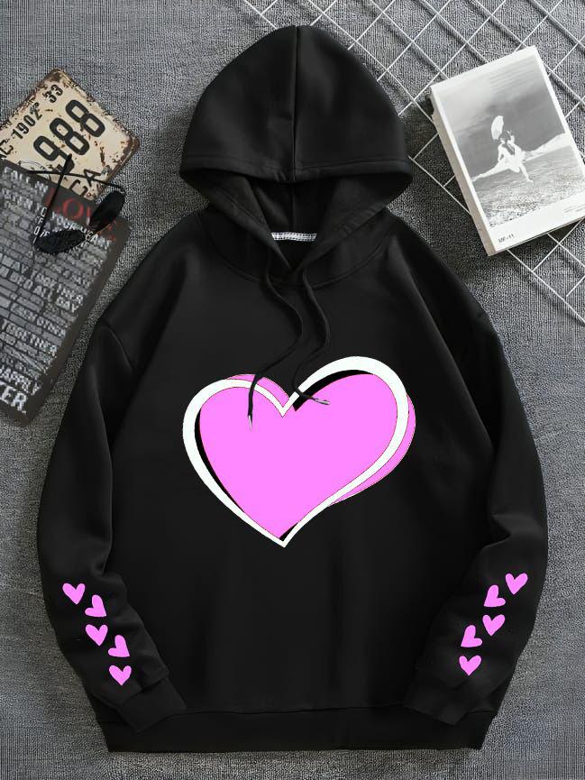 Heart Printed Hoodie Black