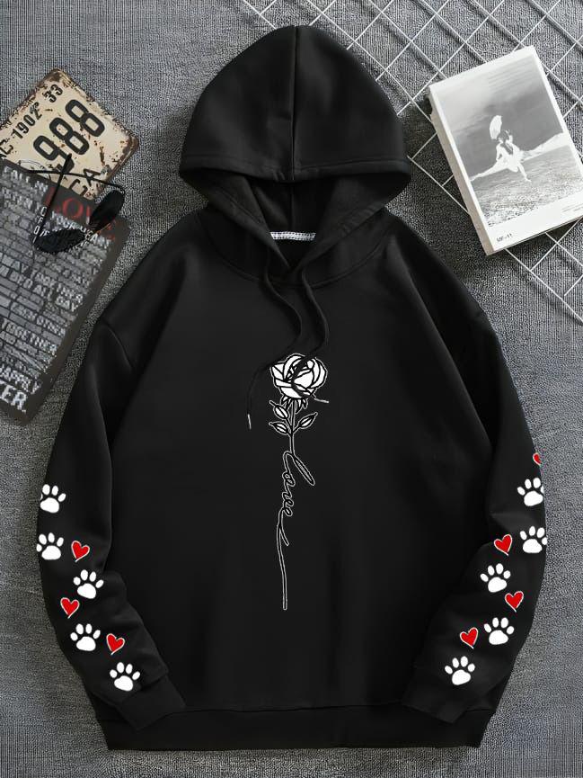 Flower Printed Hoodie Black