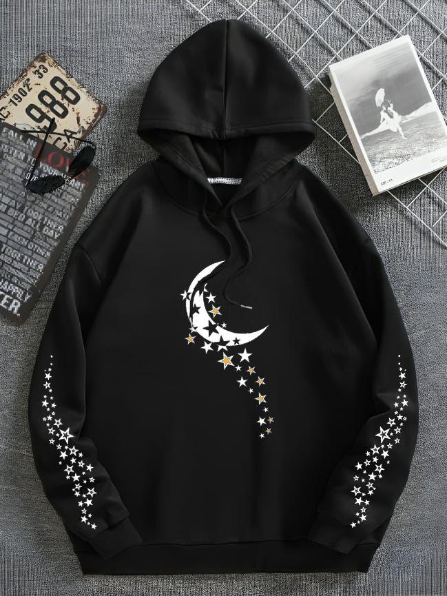 Moon & Star Printed Hoodie Black