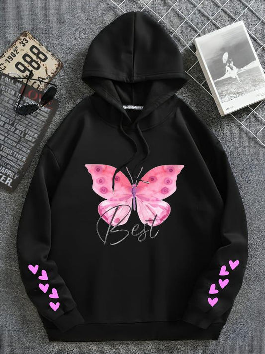 Butterfly & Heart Printed Hoodie Black