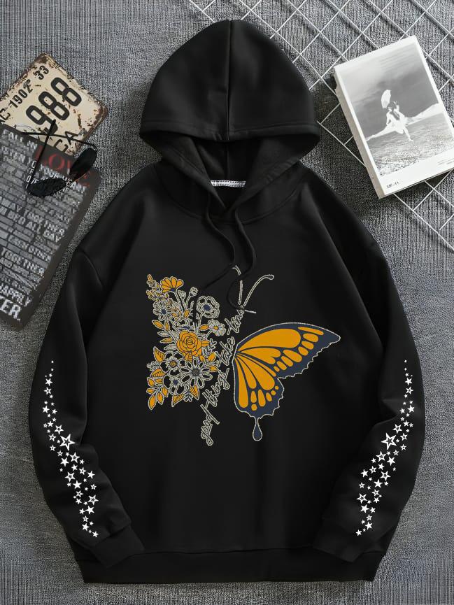 Butterfly & Stars Printed Hoodie Black