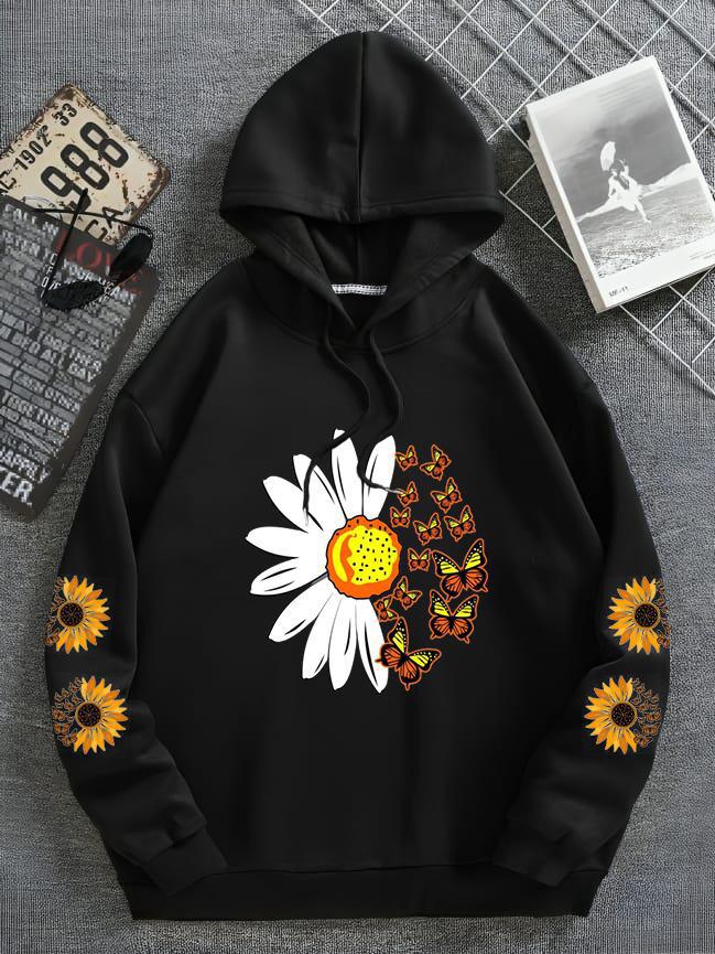 Sunflower & Butterfly Printed Hoodie Black