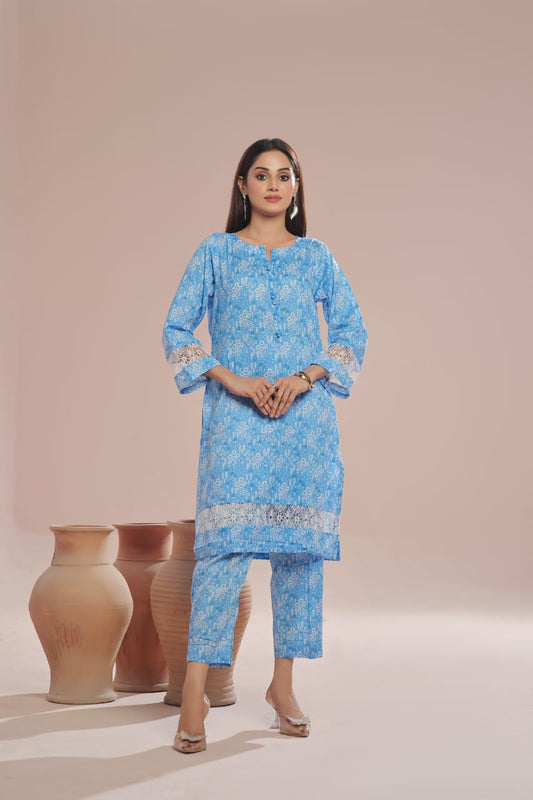 Ready To Wear Printed Cotton Co-Ords Sets 2Pcs Blue