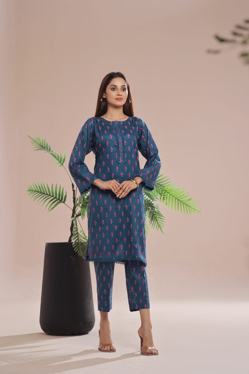 Ready To Wear Printed Cotton Co-Ords Sets 2Pcs Royal Blue