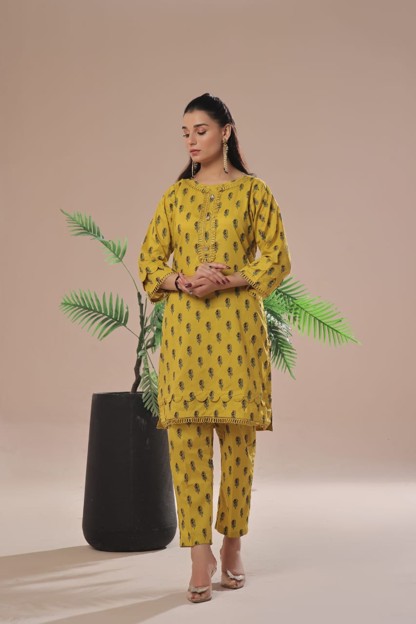 Ready To Wear Printed Cotton Co-Ords Sets 2Pcs Yellow