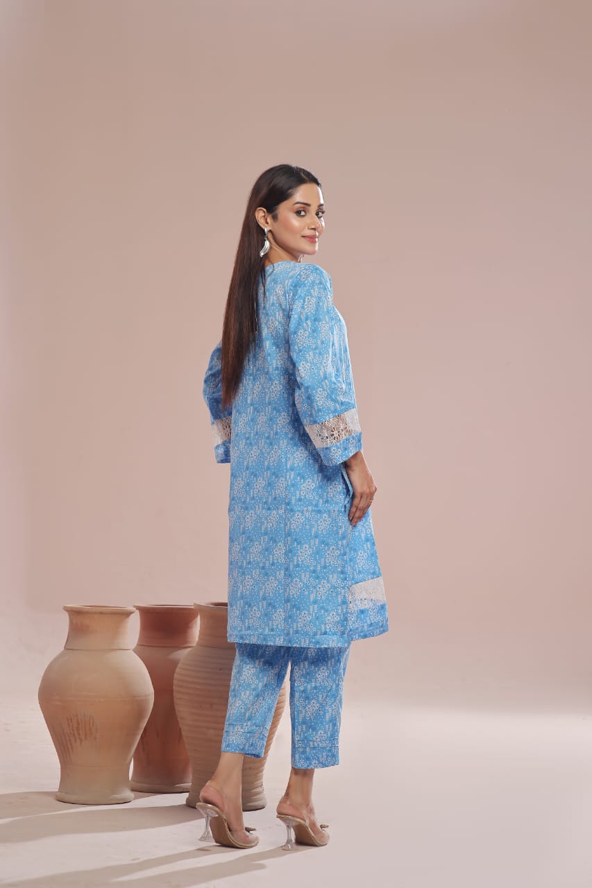 Ready To Wear Printed Cotton Co-Ords Sets 2Pcs Blue