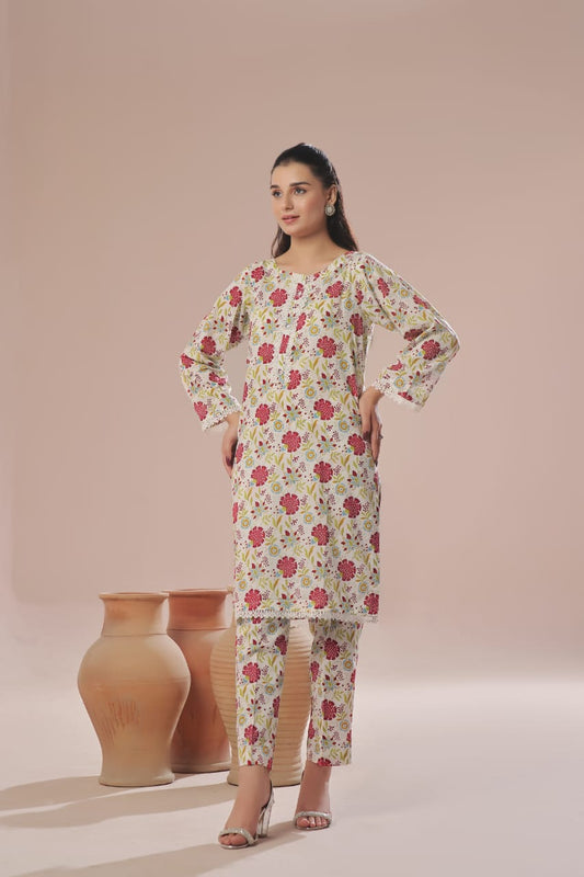 Ready To Wear Printed Cotton Co-Ords Sets 2Pcs Off White