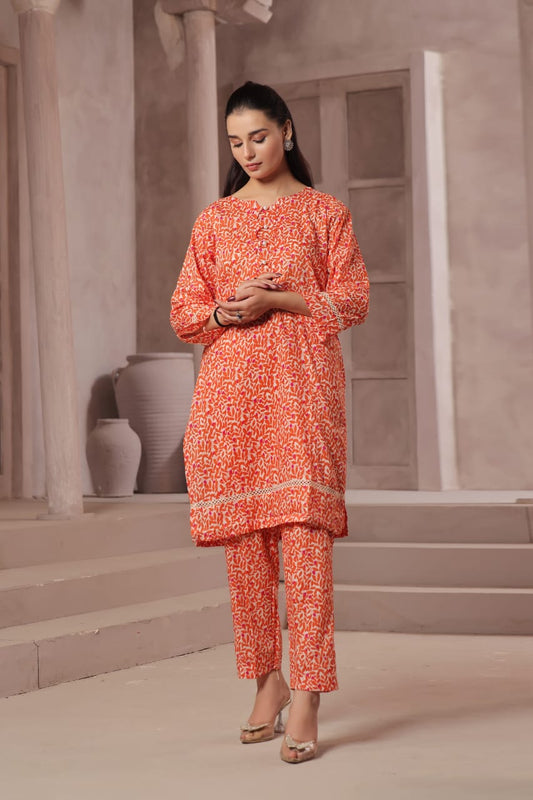 Ready To Wear Printed Cotton Co-Ords Sets 2Pcs Orange