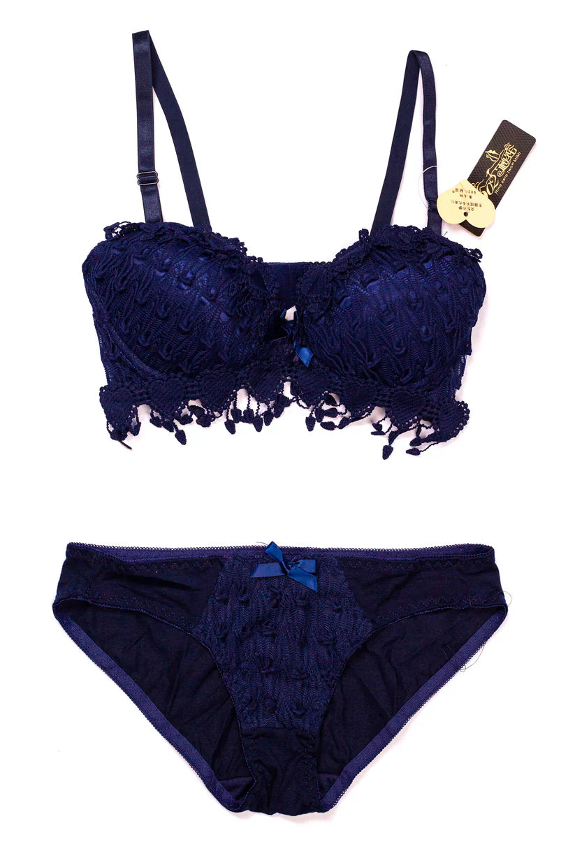 Blue Floral Embroidery Bella Padded Bra and Panty Set