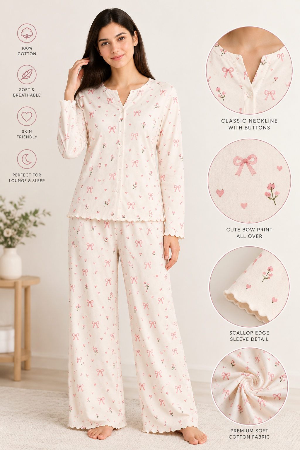 Button Down Cotton PJ Set - Cute Bow - Oat Milk