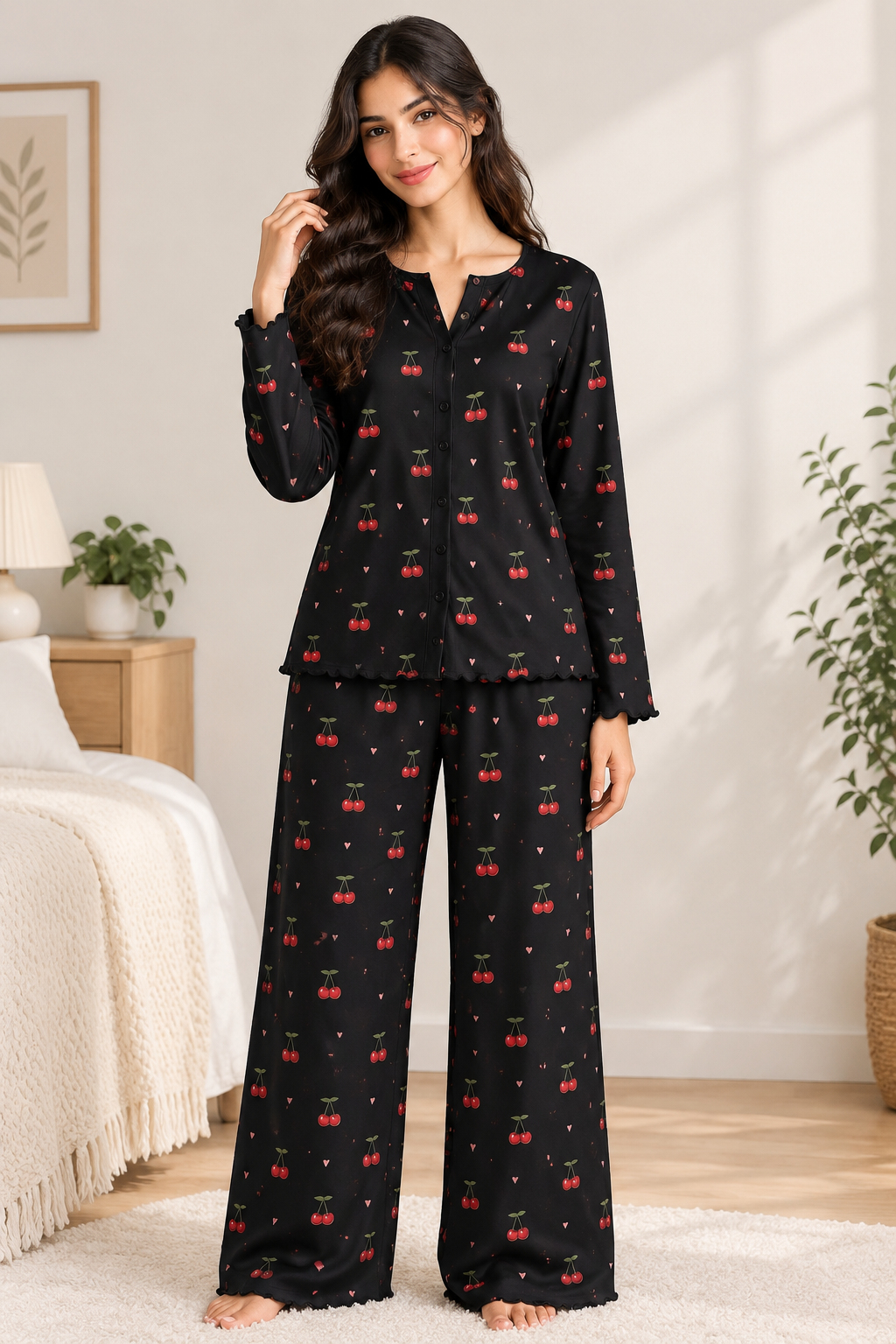 Button Down Cotton PJ Set - Cherry Bliss - Black