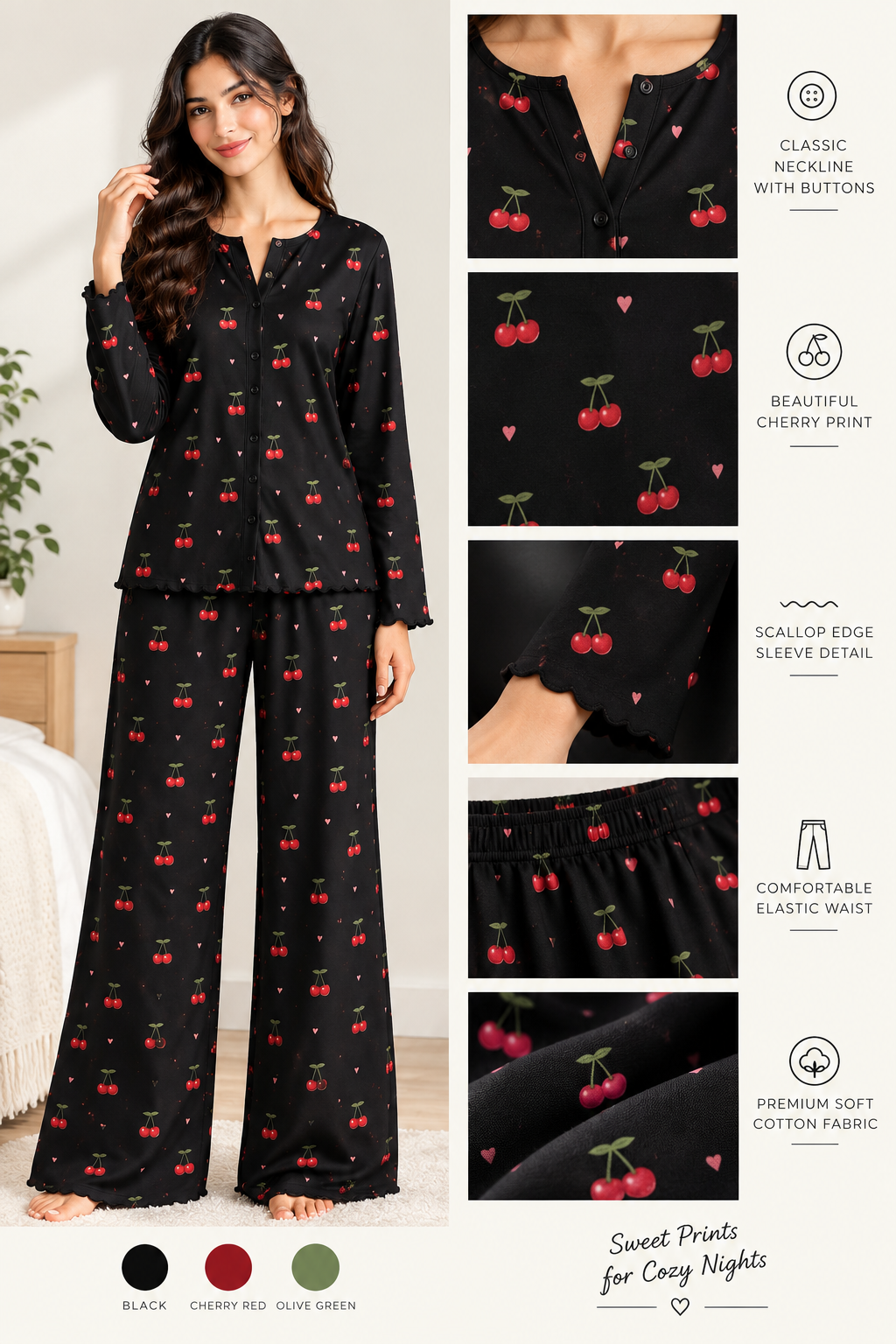 Button Down Cotton PJ Set - Cherry Bliss - Black