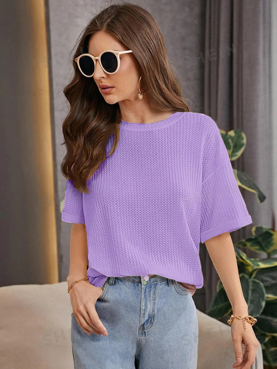 Waffle Knitted Drop Shoulder T-Shirt LILAC